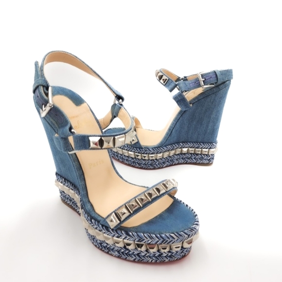 Christian Louboutin Shoes - Christian Louboutin Denim Platform Studded Espadrille Sandals Shoes EU 38